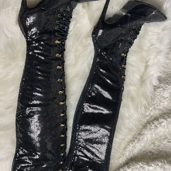 Over the knees Black sequins heels boots front lace up accents side zipper SZ6.5 - Picture 5 of 8